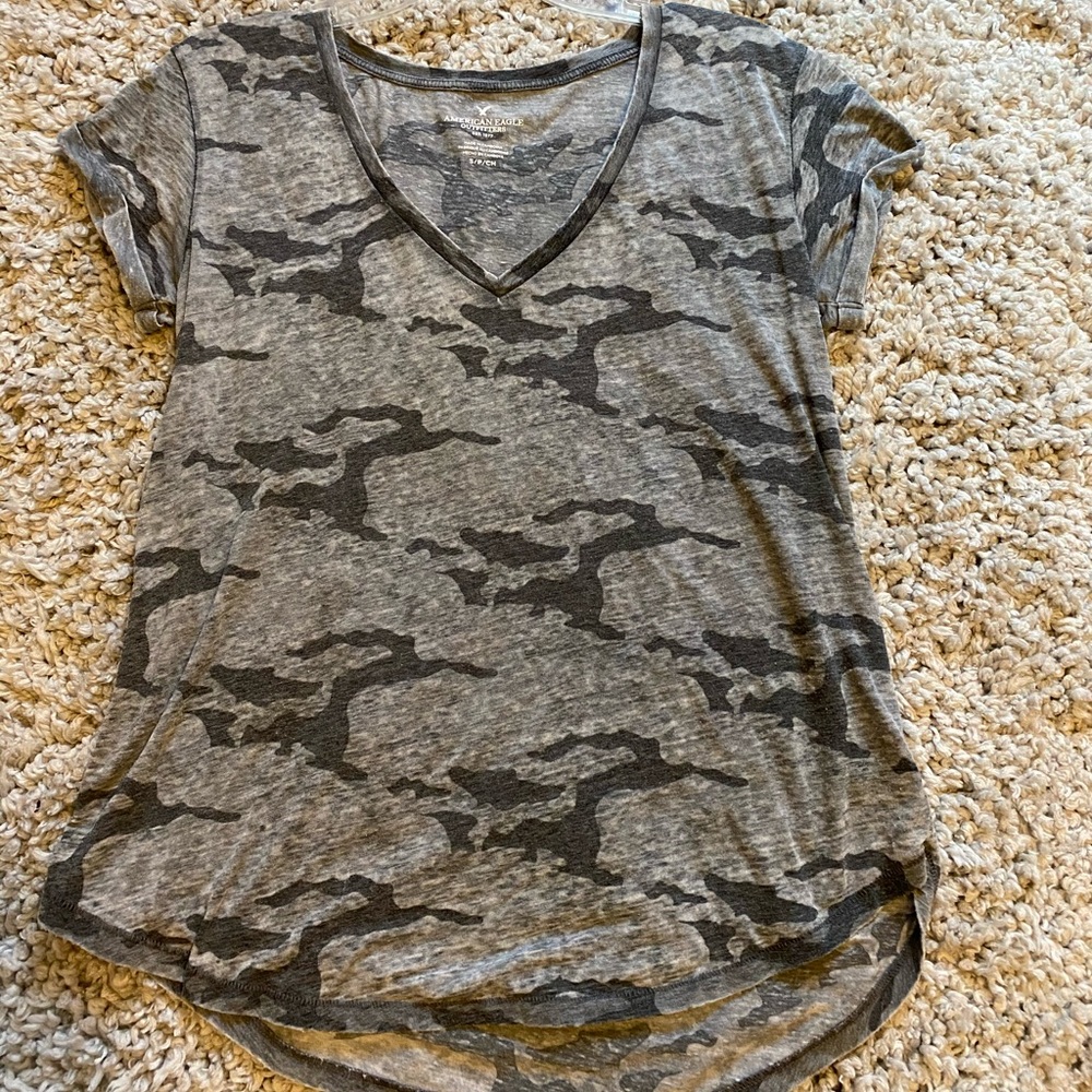 Woman’s gray camo tee shirt